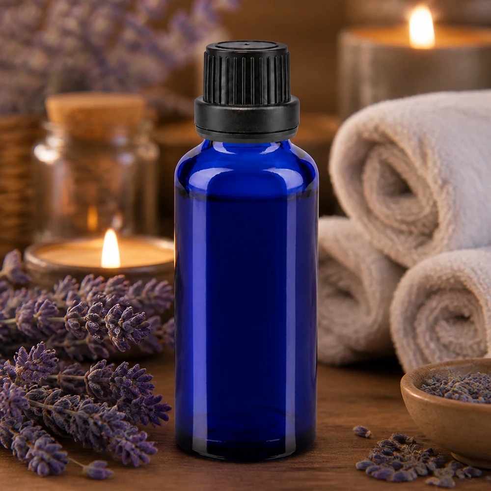 Lékárenská láhev modrá 30ml šroubovací uzávěr černá těsnicí vložka tamper evident uzávěr. Aromatherapie Fläschchen blau 30ml Glas mit Sicherheitsverschluss für Lavendelöl