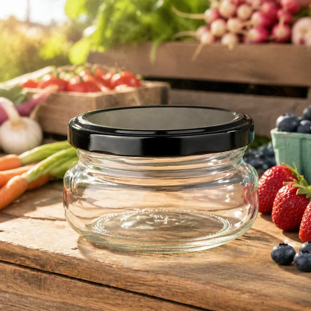 120ml Terrinenglas leer auf Holzbrett mit frischen Beeren und Gemüse, schwarzer Deckel, natürliches Ambiente