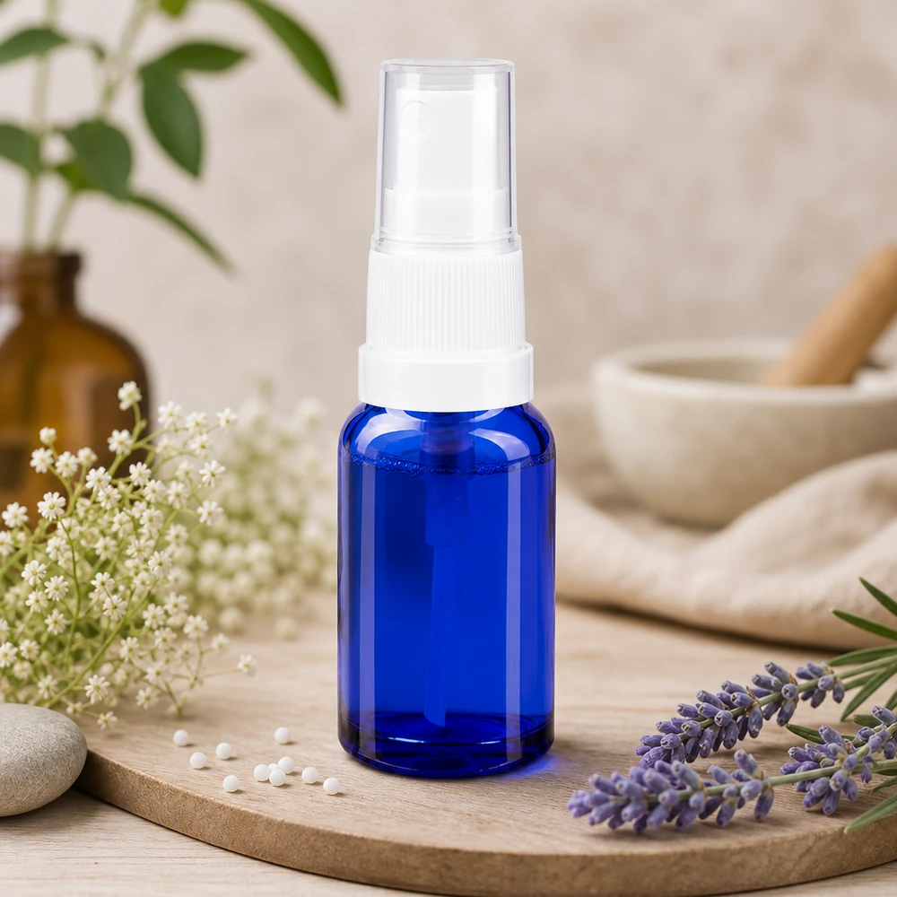 Lékárenská lahvička modrá 10ml s rozprašovacím víčkem bílá Dunkelblauer 10ml Glasbehälter mit weißem Standardzerstäuber für homöopathische Zubereitungen