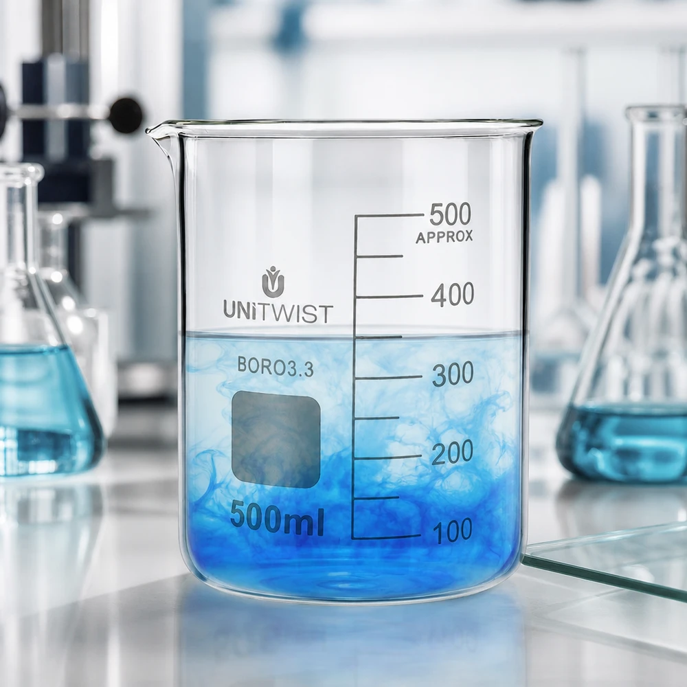 Kádinka 500 ml borosilikátová, nízká forma UNiTWIST Becherglas niedrige Form 500ml mit sichtbarem Mischvorgang blauer Flüssigkeit im Laborumfeld