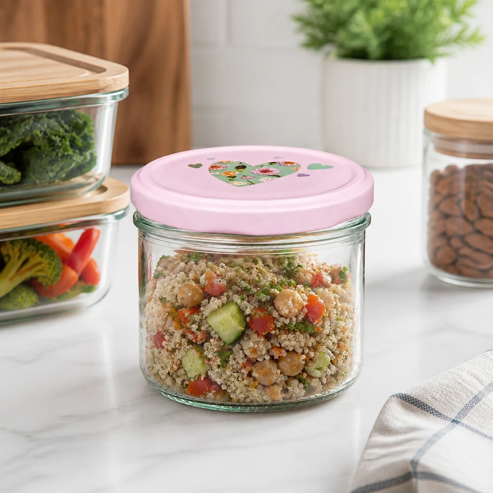 230ml válcová sklenice + víčko BasicSeal srdíčková růžová 230ml Zylinderglas mit rosa Herz-Deckel in moderner Küche, ideal für Quinoa-Salat und gesunde Meal-Prep-Gerichte