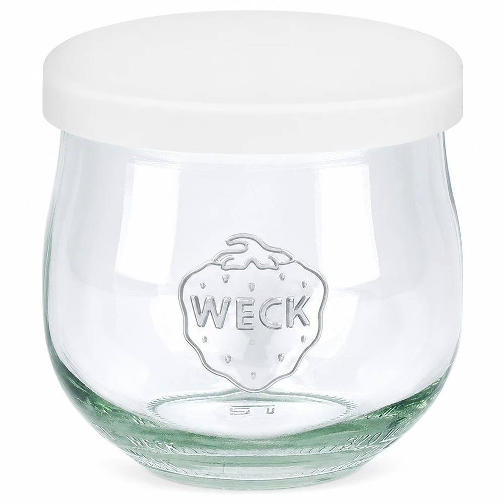 WECK Tulpenglas 370ml mit weißem Silikondeckel Einmachglas Vorratsglas mit WECK Logo geprägt