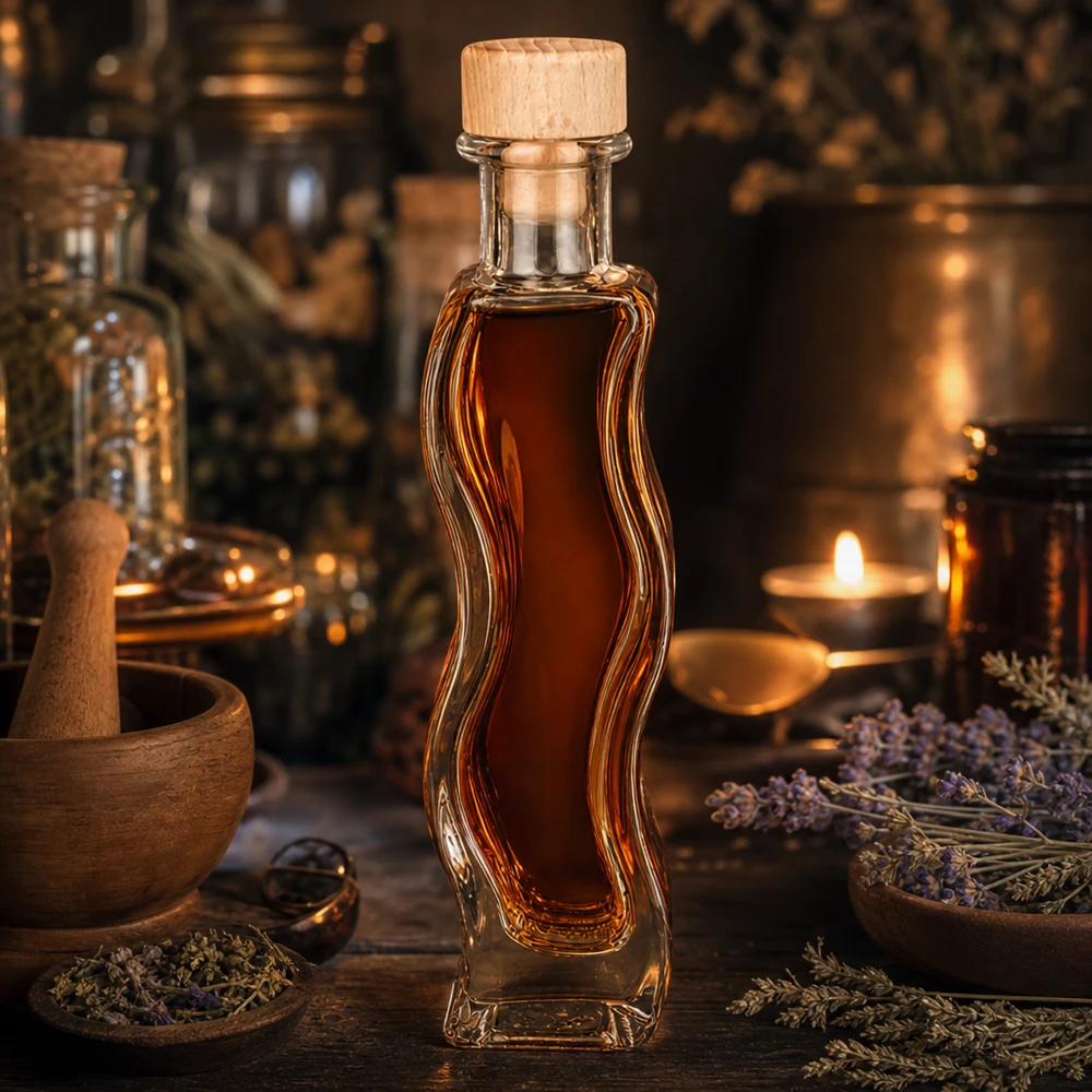 100ml Glasflasche Melissa mit bernsteinfarbenem Inhalt Holzkorken rustikale Apotheker-Atmosphäre Lavendel Kerzenschein