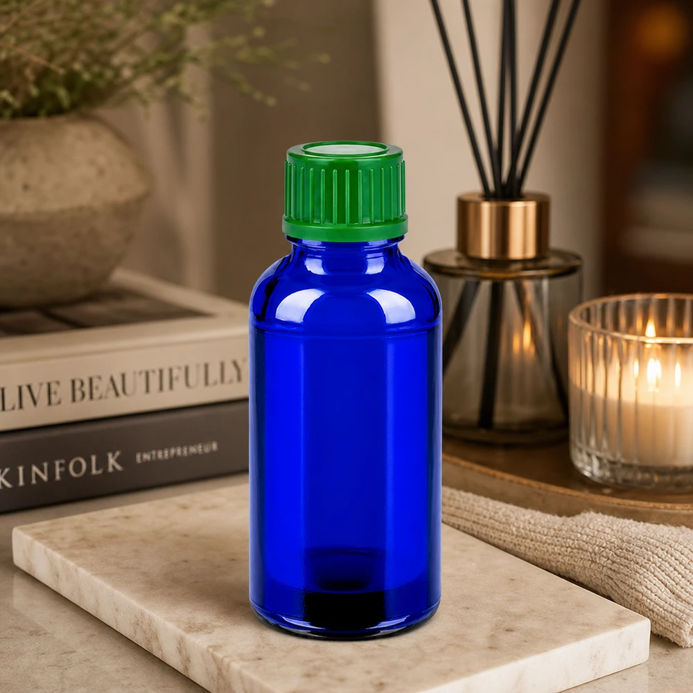 30ml láhev 11mm šroubovací uzávěr zelený standard BlueLine UT18/30 Praktische 30ml Tropfflasche aus UV-schützendem Blauglas für Naturheilkunde und Homöopathie