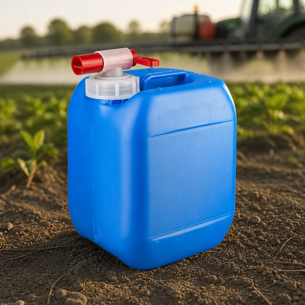 Kanystr 5 litrů modrý s vypouštěcím kohoutem Rechteckiger Agrarkanister 5 Liter blau mit Absperrhahn auf Ackerboden bei Feldarbeit
