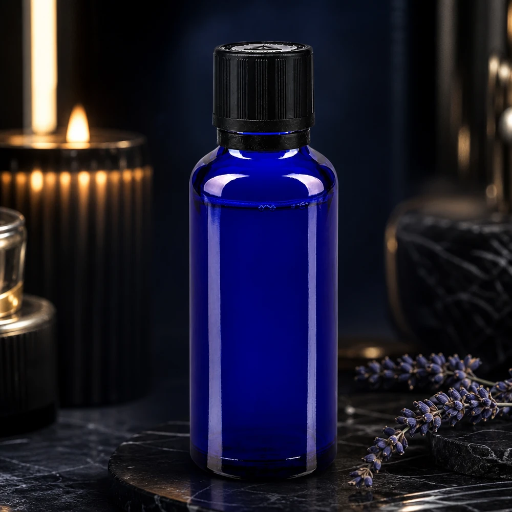 Kleine blaue Apothekerflasche 30ml mit Präzisionstropfer und schwarzem Sicherheitsverschluss
