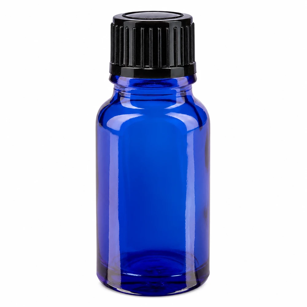Lékárenská láhev modrá 10ml kapátko uzávěr 1mm černý standardní Hochwertige 10ml Tropfflasche aus blauem Schutzglas mit schwarzem Verschluss
