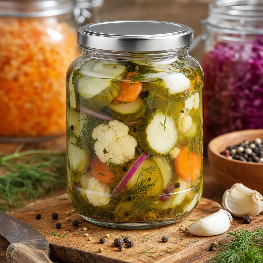 370ml oválná skleněná nádoba s víčkem BasicSeal stříbrná UNiTWIST. 370ml Ovalglas mit BasicSeal Deckel voller fermentiertem Gemüse und Kräutern auf Holzbrett mit Gewürzen