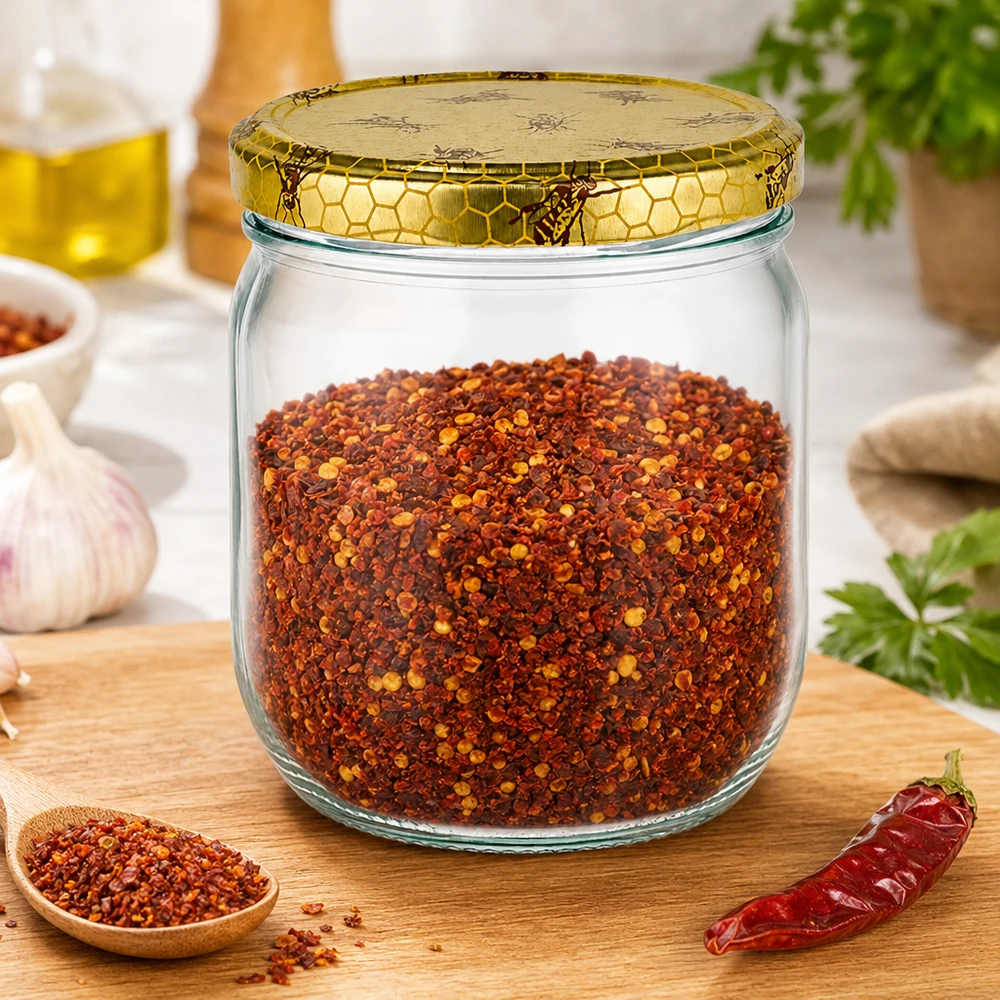 500g Honigglas mit Bienenwaben-Deckel gefüllt mit Chili-Gewürzmischung auf Holzbrett in der Küche