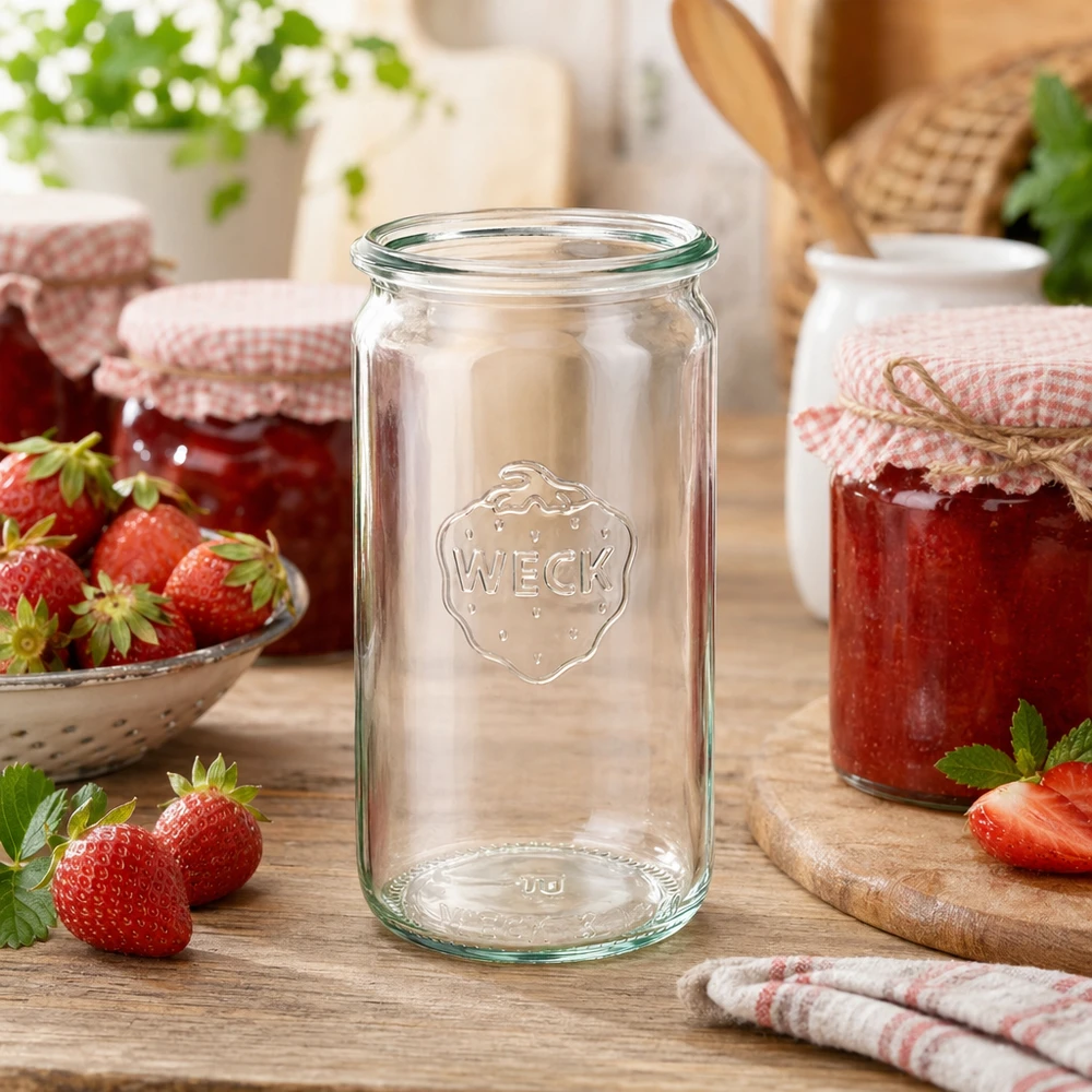 340ml válcová sklenice WECK RR60 s dřevěným dřevem - 340ml válcová sklenice s dřevěným dřevem WECK Zylinderglas 340ml RR60 in Küchenszene mit Erdbeeren und selbstgemachter Marmelade auf Holztisch