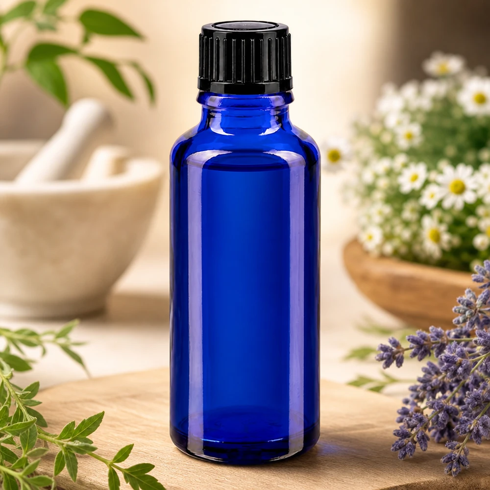 Lékárenská láhev modrá 30ml šroubovací uzávěr černá standardní Blaue Tropfflasche 30ml aus Apothekerglas mit Naturkräutern und Gänseblümchen