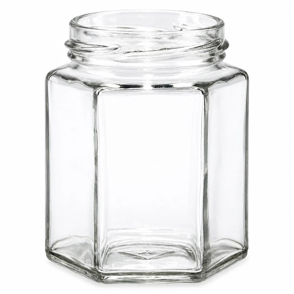 Šestihranná sklenice o objemu 196 ml bez víčka (TO58) UNiTWIST Sechseckiges Schraubglas 196ml TO82 Gewinde transparent leer ohne Deckel für Marmelade und Honig