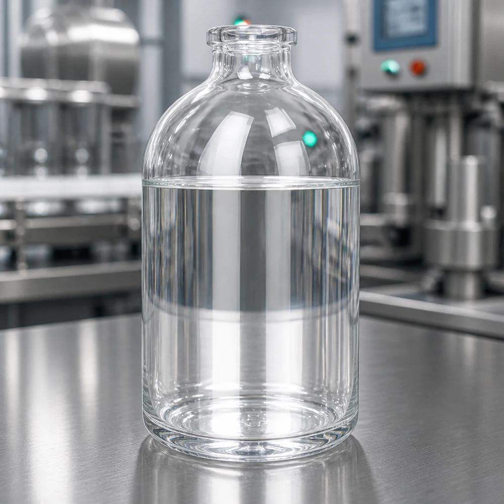 Injekční láhev z čirého skla 100ml Medizinische Klarglasflasche 100ml mit flachem Standboden vor industriellem Maschinenhintergrund