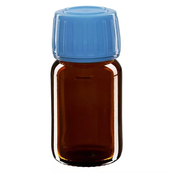 30ml lahvička na léky hnědá, modrý uzávěr s tamper-evidentním kroužkem ApoGlas 30ml lahvička na léky hnědá, modrý uzávěr s tamper-evidentním kroužkem ApoGlas