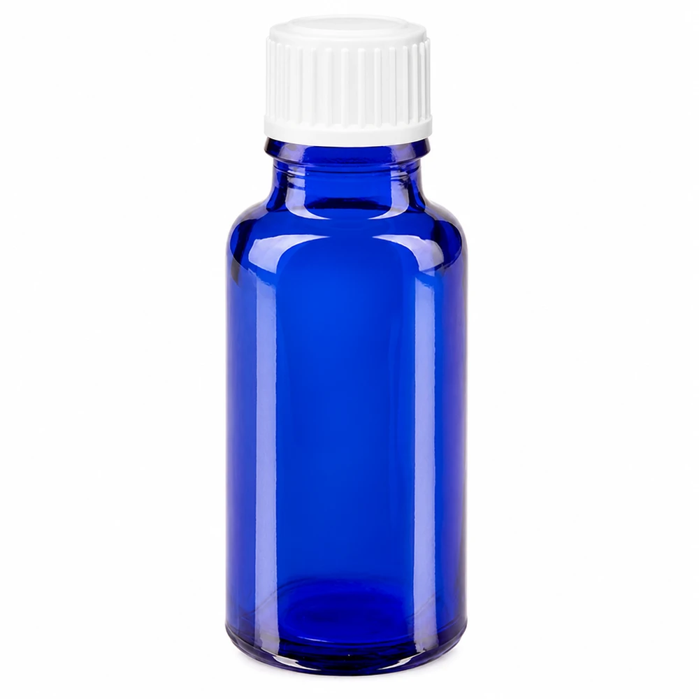 Lékárenská lahvička modrá 20ml šroubovací uzávěr bílý globule standardní Blaue Medizinflasche 20ml Glas mit UV-Schutz und weißem Schraubdeckel Standard