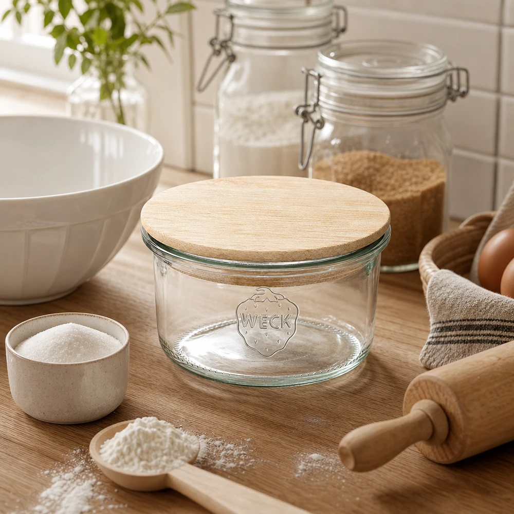 165ml tumblery WECK RR80 s dřevěným víkem buk WECK Sturzglas RR80 165ml mit Bambusdeckel in natürlicher Küchenszene mit Backzutaten und Holzutensilien