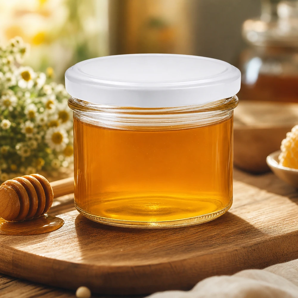 Skleněná sklenice 225ml s víčkem BasicSeal bílá UNiTWIST 225ml Sturzglas mit BasicSeal Deckel gefüllt mit Honig auf Holzbrett neben Honiglöffel und Blumen