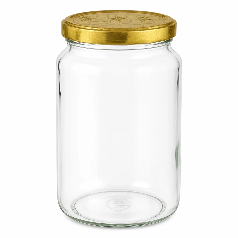795ml kulatá sklenice + víčko BasicSeal honeycomb UNiTWIST. 795ml Rundglas mit goldenem BasicSeal Deckel Bienenwabe UN Verschluss für Honig und Marmelade