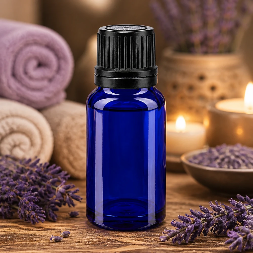 Lékárenská láhev modrá 10ml šroubovací uzávěr černý nalévací kroužek nedotknutelný uzávěr. Tropfflasche aus blauem Apothekerglas 10ml mit manipulationssicherem schwarzen Deckel