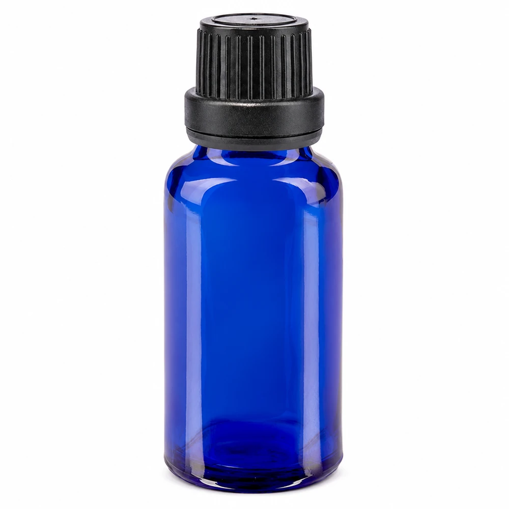 Kleine blaue Apothekerflasche 20ml Glas UV-Schutz mit schwarzem OV-Verschluss