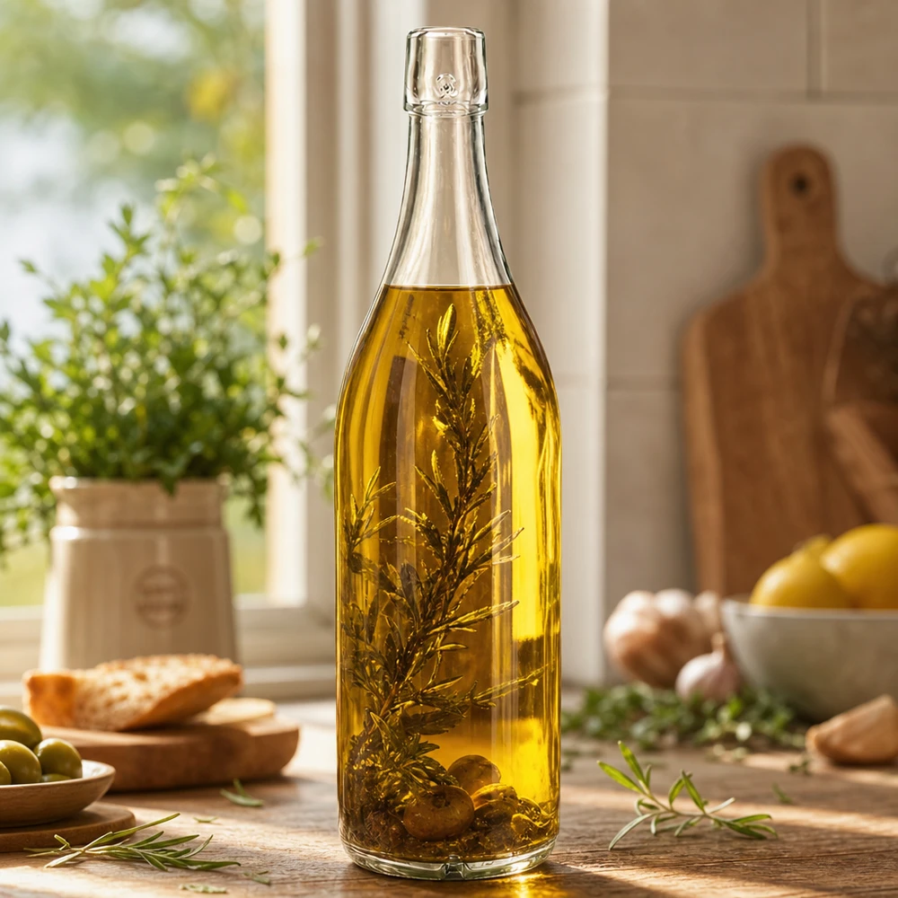 Skleněná láhev o objemu 1000 ml bez otočného víčka UNiTWIST Glasflasche 1000ml UNiTWIST mit Olivenöl Kräutern befüllt Küchenszenerie Anwendungsbeispiel Schraubverschluss