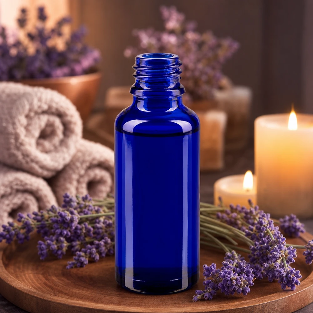 Lahvička s kapátkem 30ml DIN 18 BLAUGLAS 30ml ApoGlas Apothekenflasche in Dunkelblau auf Holztablett mit entspanntem Spa-Dekor