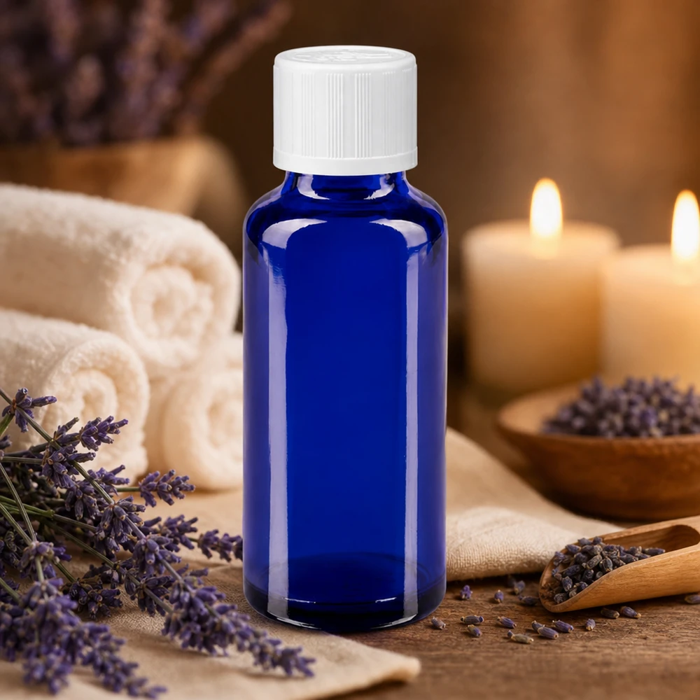 Lékárenská láhev modrá 30ml kapátko bílý uzávěr odolný proti otevření dětmi standardní. Blaues Apothekerglas 30ml mit 1,2mm Tropfeinsatz ideal für Naturheilkunde und Aromapflege