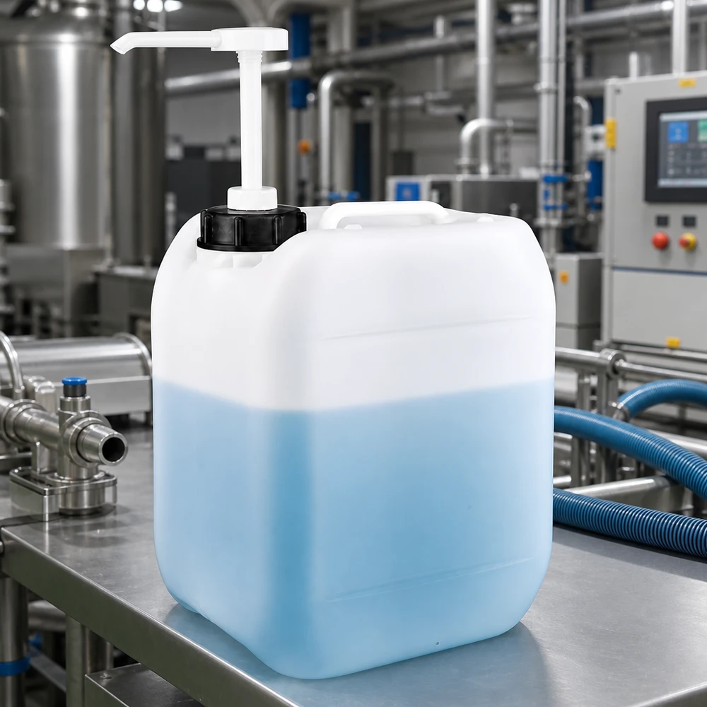 Professioneller 5 Liter Industriekanister mit Dosierpumpe vor Rohrleitungssystem und Steuerungspanel