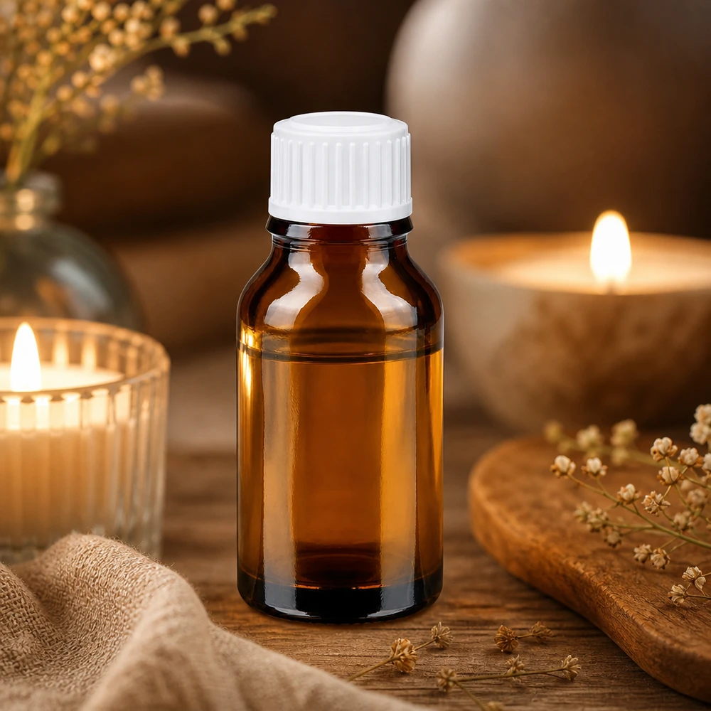 Lékárenská lahvička hnědá 15ml šroubovací uzávěr bílý standard. Kosmetikflasche braun 15ml Borosilikatglas weißer Kunststoffverschluss rustikale Holzdekoration