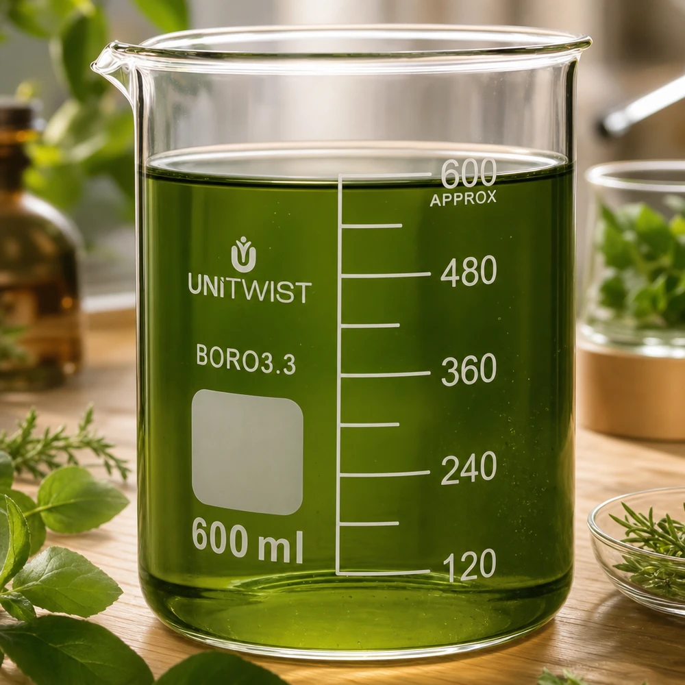 Kádinka 600 ml borosilikátová, nízká forma UNiTWIST UNiTWIST Becherglas 600ml Boro3.3 niedrige Form mit grünem Extrakt und Kräuterdeko