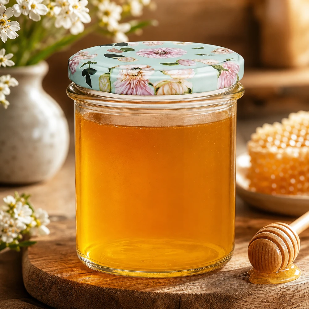 350ml kelímky + víčko BasicSeal flower mint UNiTWIST Sturzglas 350ml mit BasicSeal Deckel Blume mint gefüllt mit goldenem Honig, Honiglöffel und Waben auf Holzbrett