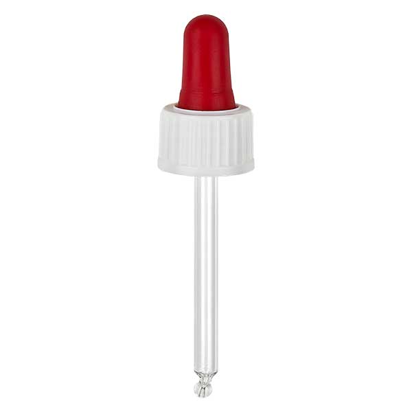 Skleněná kapací pipeta bílá/červená 18mm PL53,5 standardní. Skleněná kapací pipeta bílá/červená 18mm PL53,5 standardní.