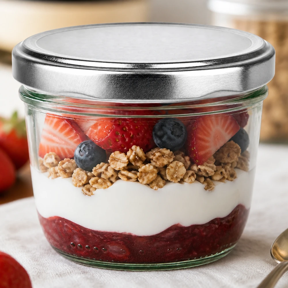 230ml Sturzglas mit silber BasicSeal Deckel gefüllt mit Joghurt Beeren Nüssen als Dessert im Glas Anwendungsbeispiel