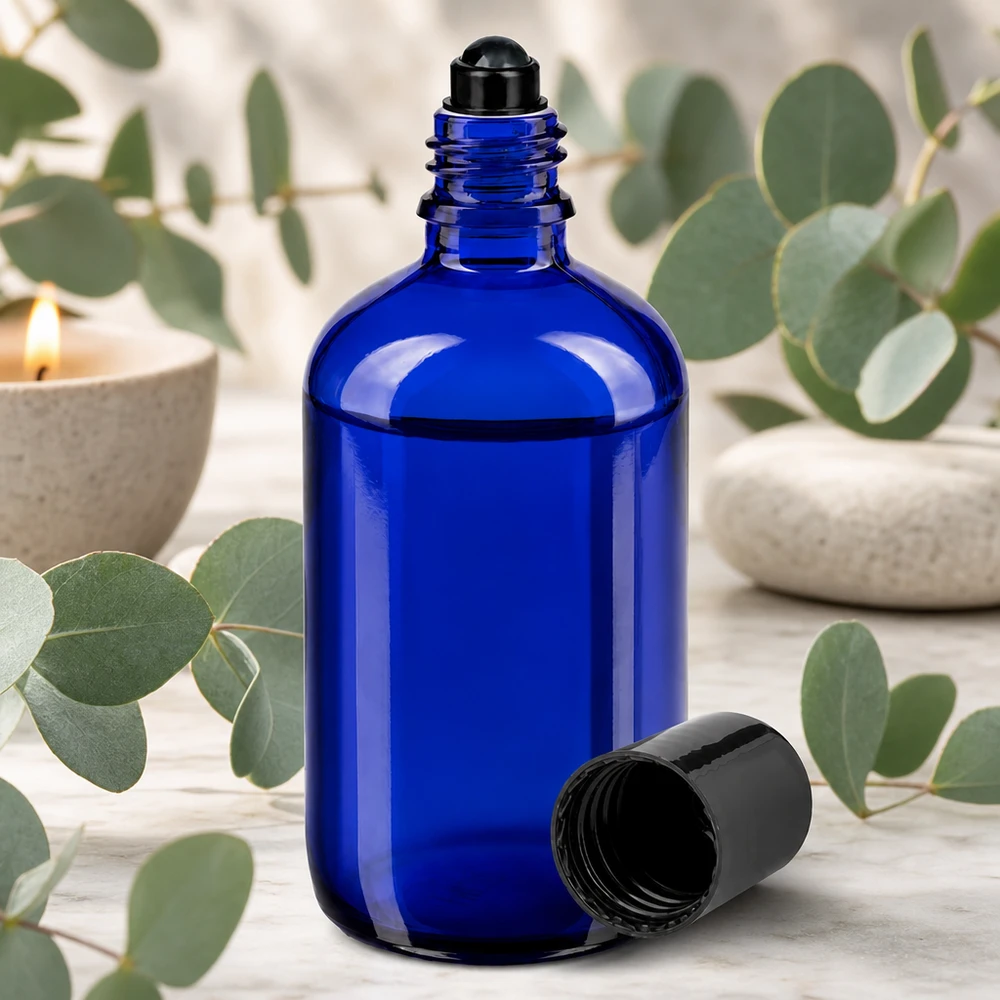 Lékárenská láhev modrá 100ml roll-on uzávěr černý Lichtschutz-Glasflasche 100ml in Blau mit schwarzem Roll-On Aufsatz für ätherische Öle