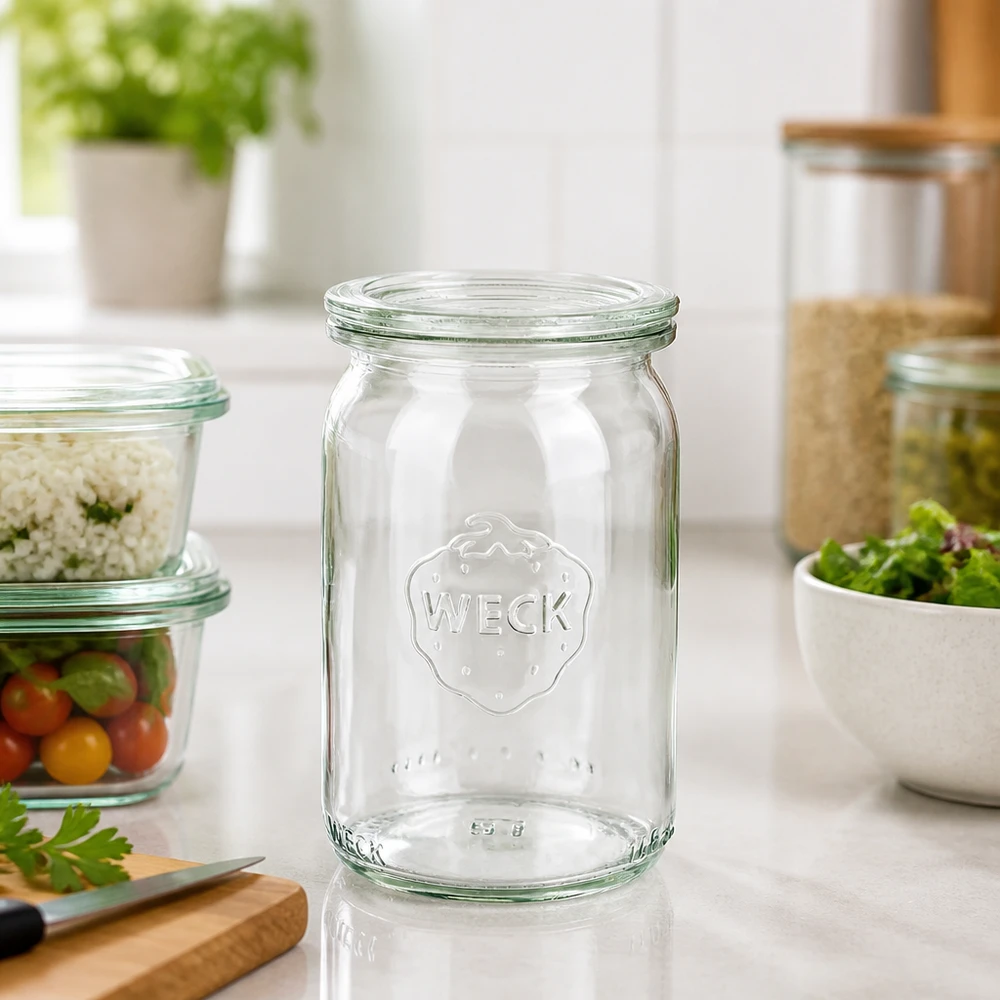 145ml válcová sklenice se skleněným víčkem WECK RR40 WECK 145ml Zylinderglas RR40 leer auf Küchentheke mit Vorratsgläsern und frischen Kräutern im Hintergrund