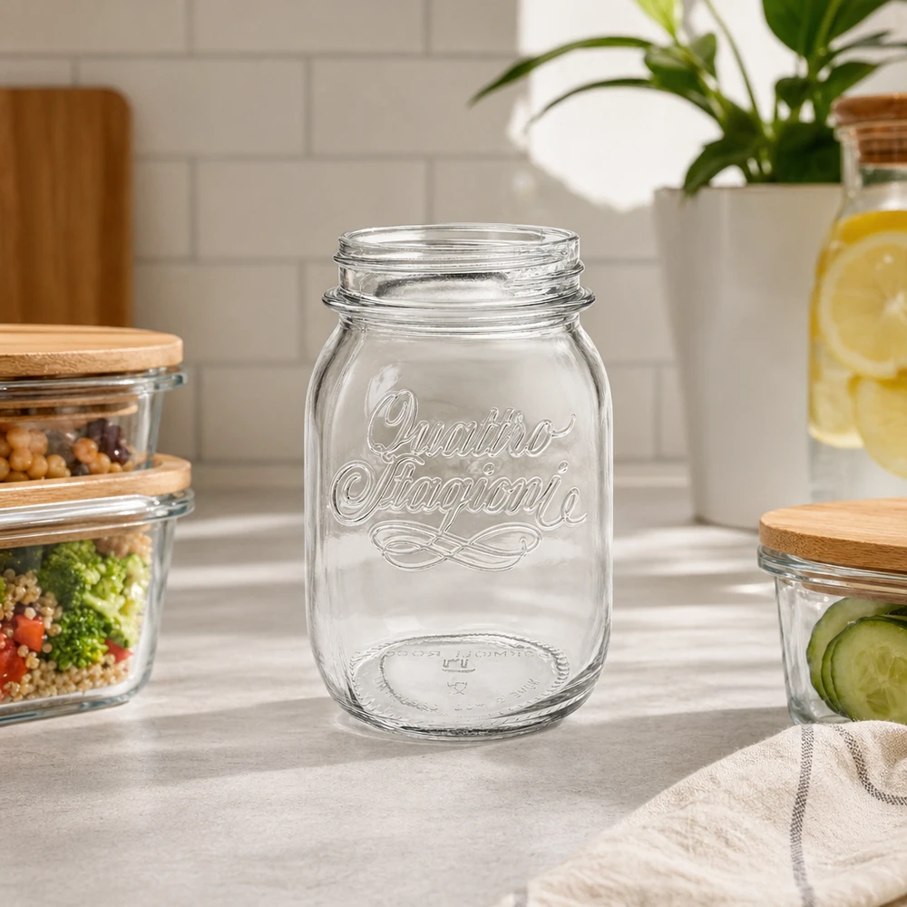 500ml Quattro Stagioni Haushaltsglas ohne Deckel auf Küchenarbeitsplatte mit anderen Vorratsgläsern im Hintergrund