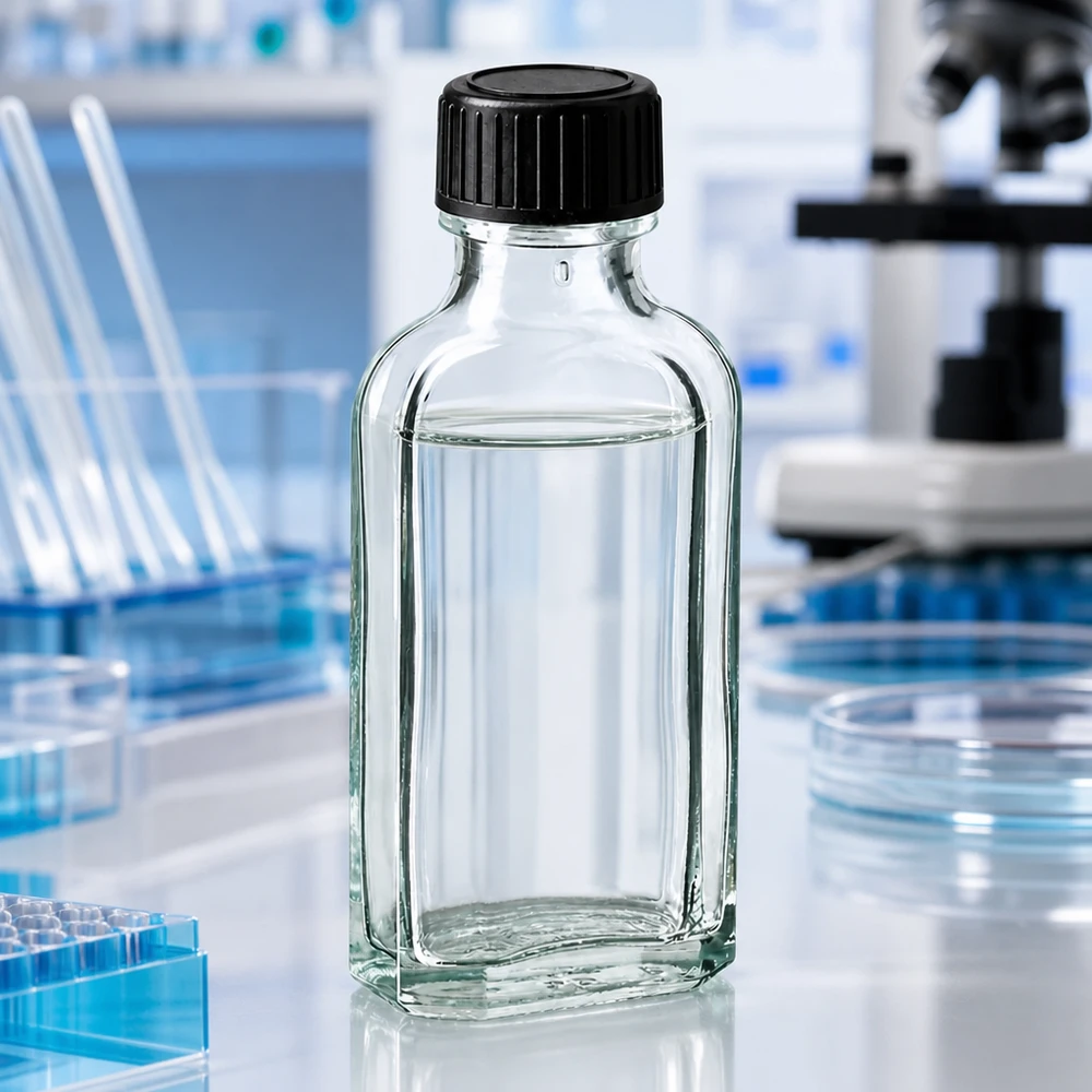 Kleine rechteckige Klarglasflasche 50ml mit LKD-Dichtscheibe für chemische Proben