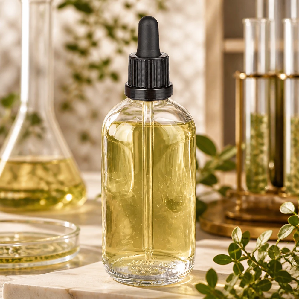 100ml pipetovací láhev černá se zajištěným uzávěrem ClearLine UT18/100 ClearLine UT18 100ml Pipettenflasche Klarglas schwarz befüllt mit pflanzlichem Öl Marmor