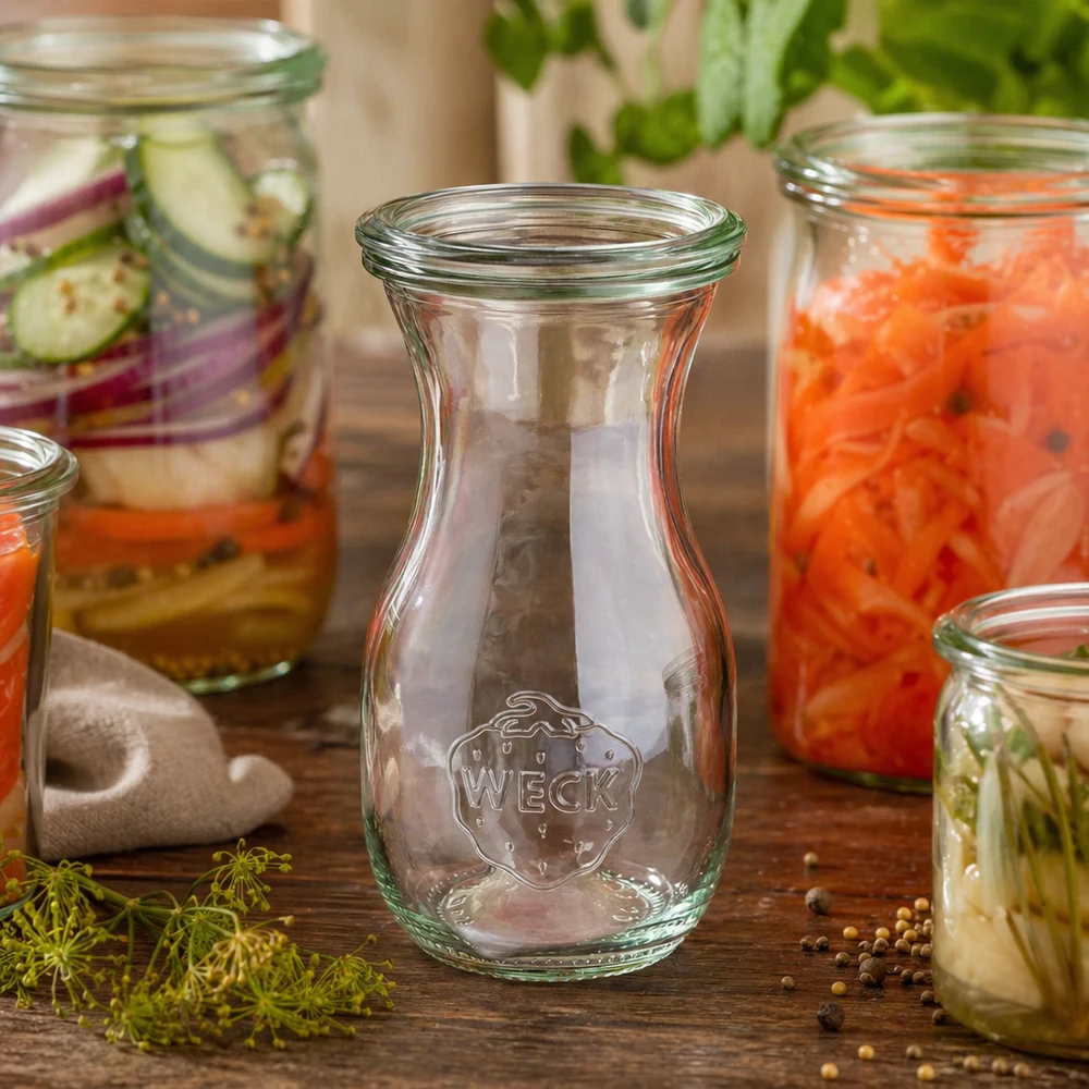 290ml láhev na šťávu WECK se skleněným víčkem RR60 WECK Saftflasche 290ml RR60 leer im Ambiente mit gefüllten Einmachgläsern und frischen Kräutern auf Holztisch