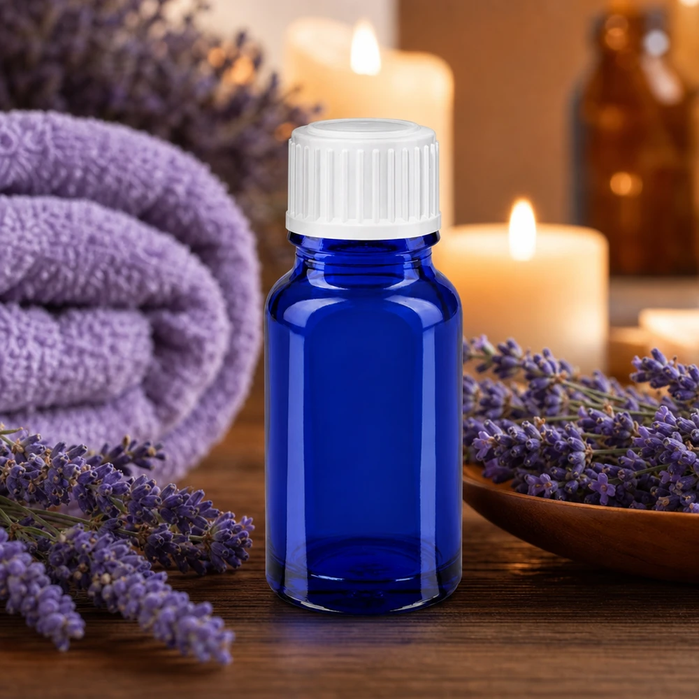 Lékárenská lahvička modrá 10ml šroubovací uzávěr bílé globule standardní. Blaue 10ml Tropfflasche aus Apothekenglas neben lila Handtuch und Lavendeldeko