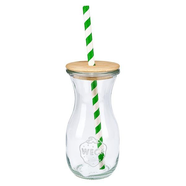 6 x 290ml láhev na šťávu WECK RR60 s dřevěným víčkem a 100 eco S WECK Saftflasche 290ml mit natürlichem Holzdeckel und grün-weißem Öko-Strohhalm Einzelansicht Trinkglas