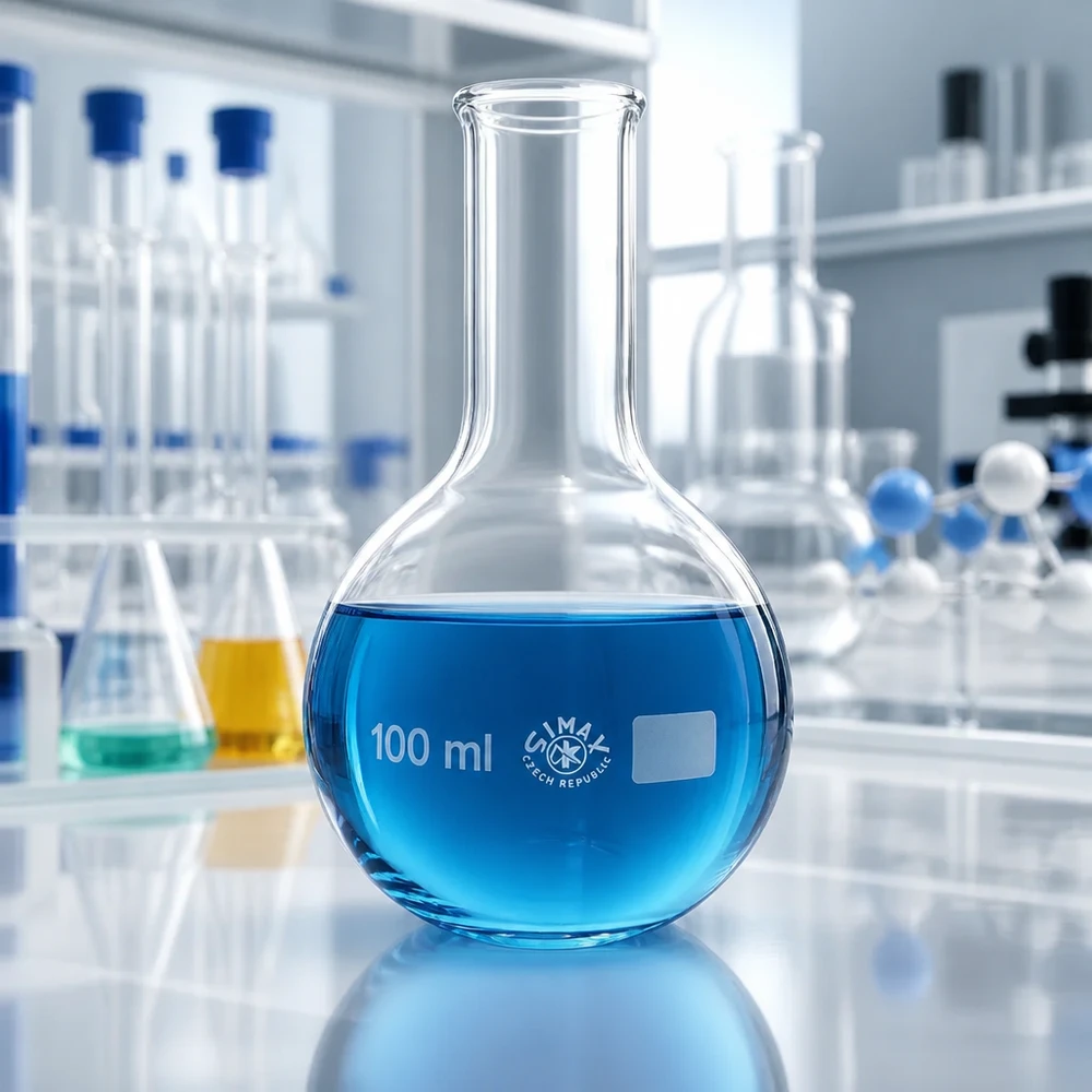 Stojatá baňka 100 ml s úzkým hrdlem Messkolben 100ml mit engem Ausguss für kontrollierte Flüssigkeitsabgabe und Mischungen