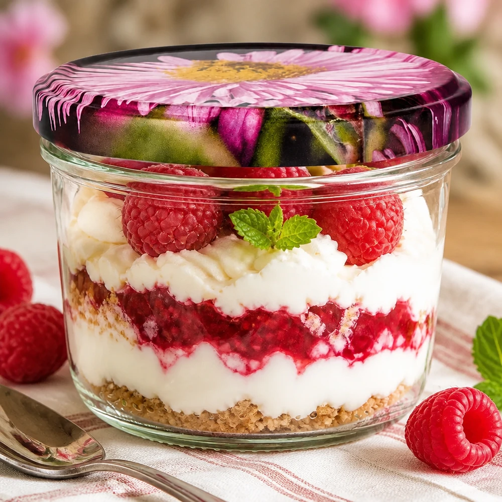 230ml kelímky + víčko BasicSeal v květinovém designu UNiTWIST Sturzglas 230ml BasicSeal Blütendeckel mit Himbeer-Dessert befüllt, Schichtdessert mit Sahne und frischen Beeren