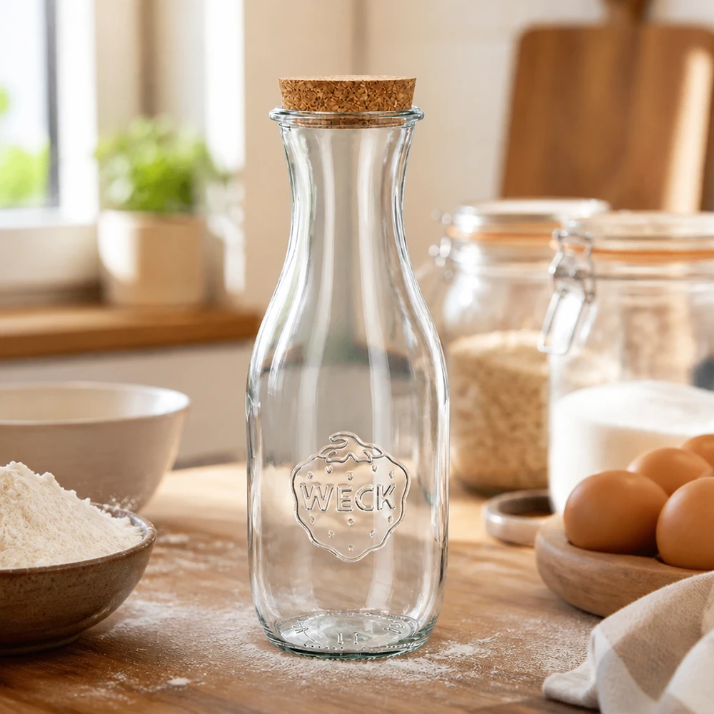 1062ml láhev na džus WECK RR60 s korkem přírodní WECK Glasflasche 1062ml RR60 mit Korken auf Holzarbeitsfläche zwischen Backzutaten wie Mehl und Eiern in heller Küche