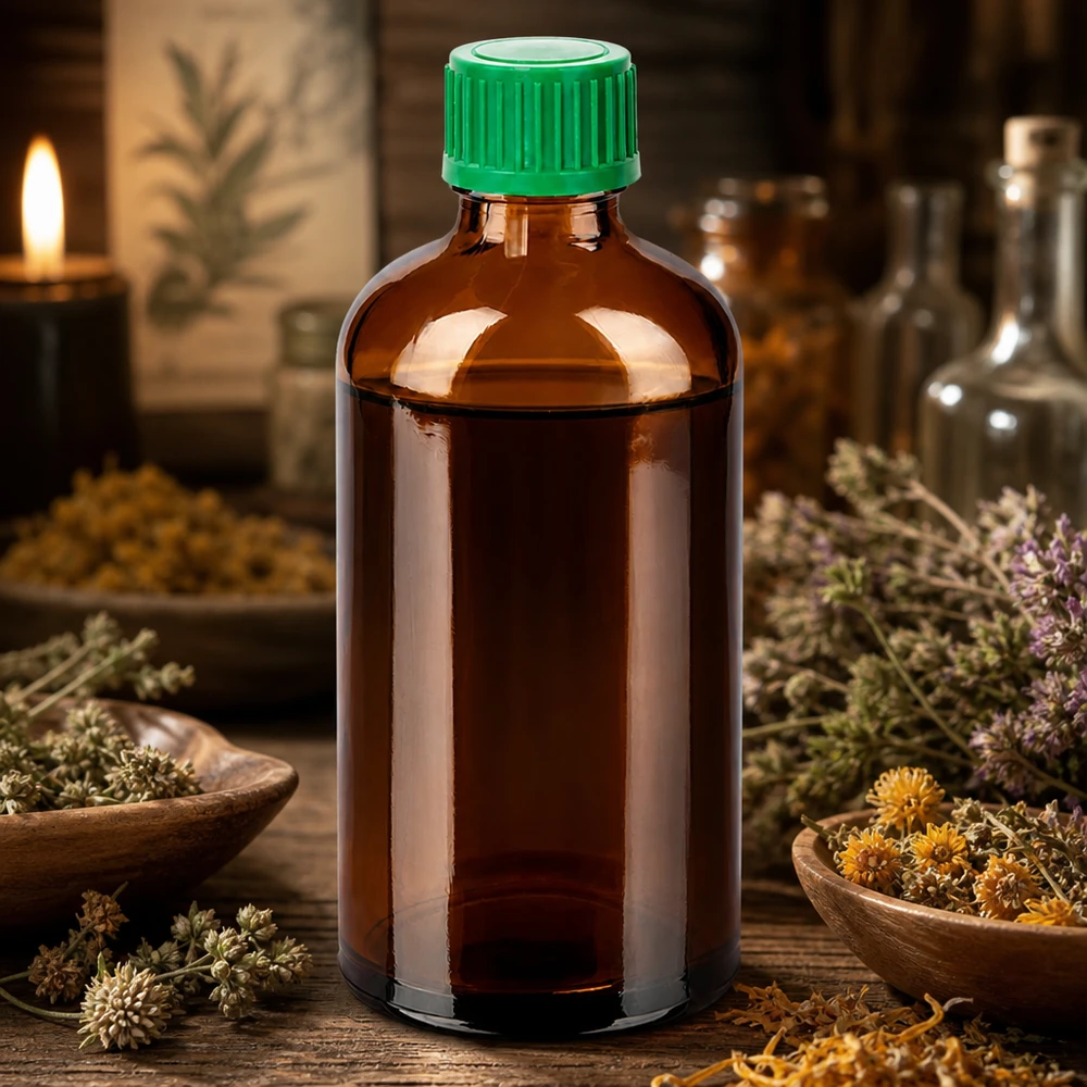 100ml láhev 11mm šroubovací uzávěr zelený tamper evidentní uzávěr BrownLine UT18/100 Wiederverschließbare 100ml Braunglasflasche mit grünem 11mm Deckel für Hausapotheke