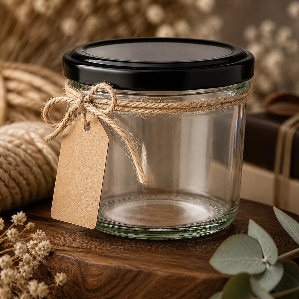 230ml Sturzglas mit schwarzem Deckel und Juteschleife als Geschenkverpackung auf rustikalem Holzhintergrund