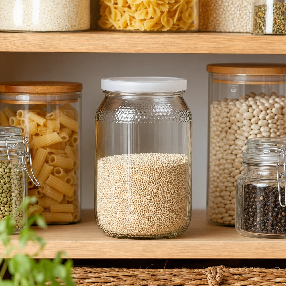 1260g Honigglas + BasicSeal Deckel weiß UNiTWIST Honigglas 900ml mit Quinoa in Küchenpantry Aufbewahrung Vorratsschrank BasicSeal Deckel weiß UNiTWIST
