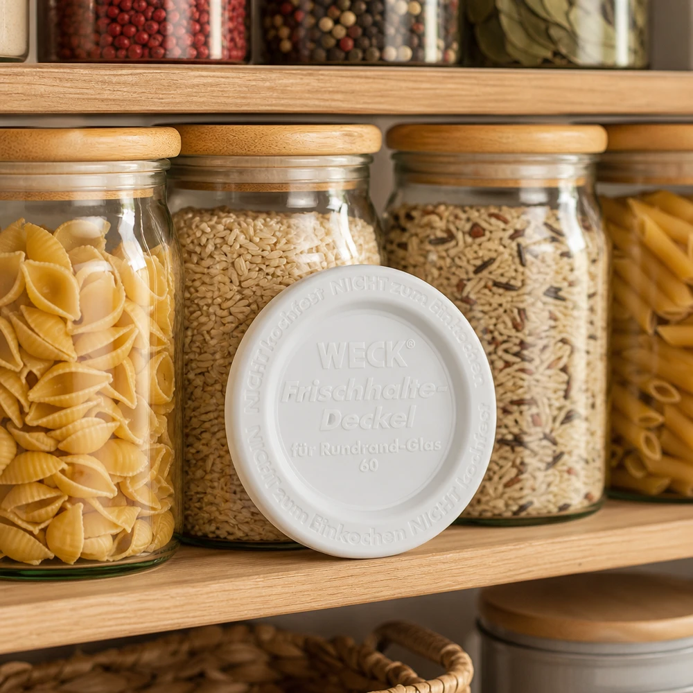 Víko na zavařování WECK RR60 WECK Frischhaltedeckel RR60 Küchenregal Vorratsgläser Pasta Getreide organisierte Speisekammer Aufbewahrung