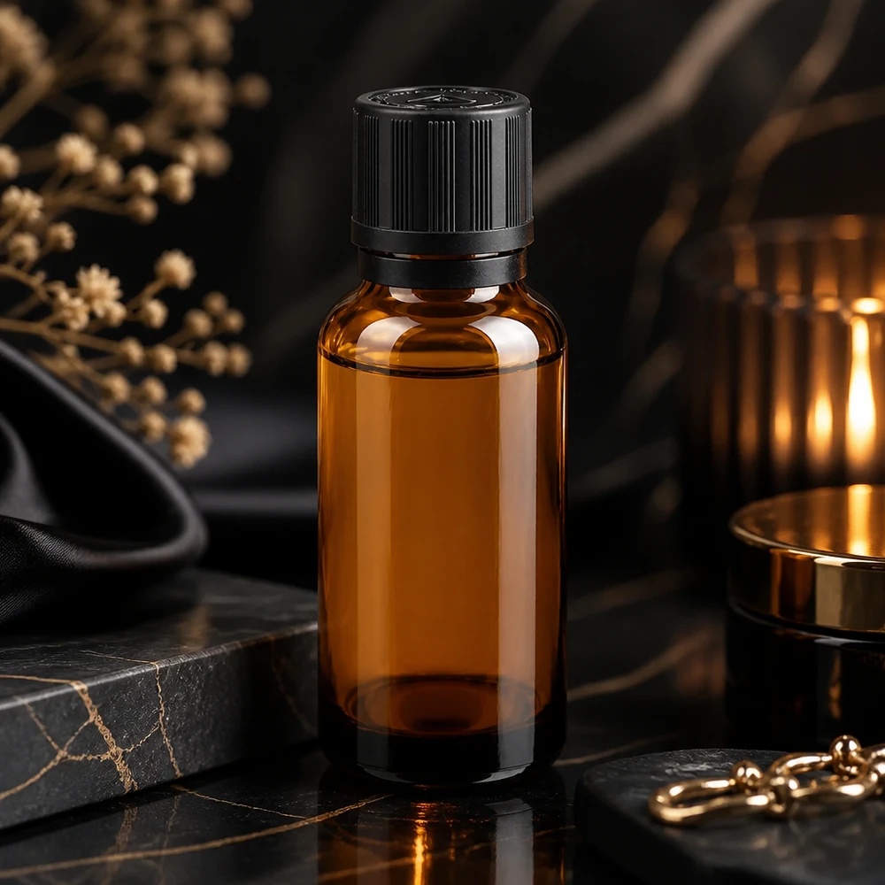 Apotheken Braunglasflasche 20ml mit Kindersicherung auf dunklem Marmor mit Goldakzenten