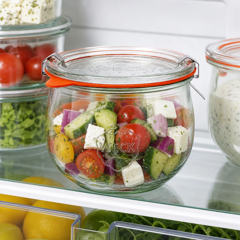 WECK Tulpenglas 580ml RR100 mit buntem Salat im Kühlschrank, praktische Meal-Prep Aufbewahrung für frische Zutaten